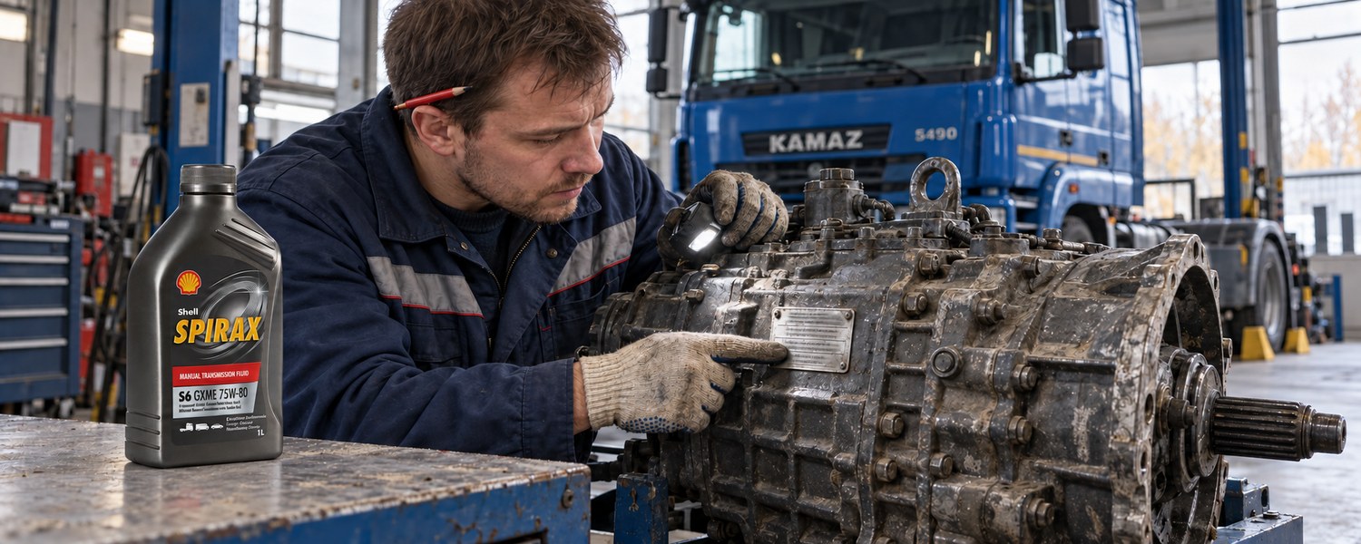 Shell Spirax S6 GXME 75W-80 рядом с коробкой передач в мастерской КамАЗ