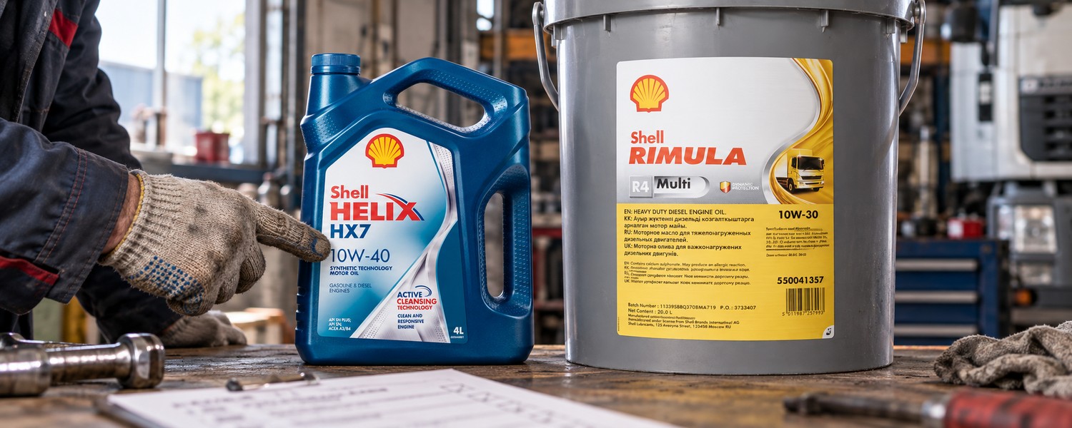 Владелица автомобиля сравнивает этикетки Shell Helix HX7 10W-40 и Shell Rimula R4 Multi 10W-30