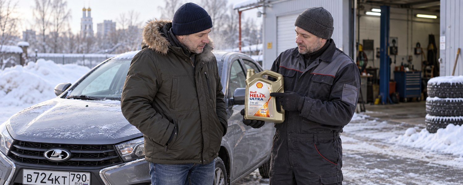 Водитель и механик обсуждают моторное масло Shell рядом с Lada Vesta зимой