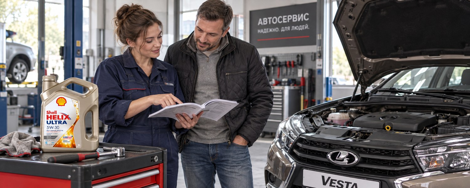 Специалист российского автосервиса сверяет руководство Lada Vesta рядом с канистрой Shell Helix