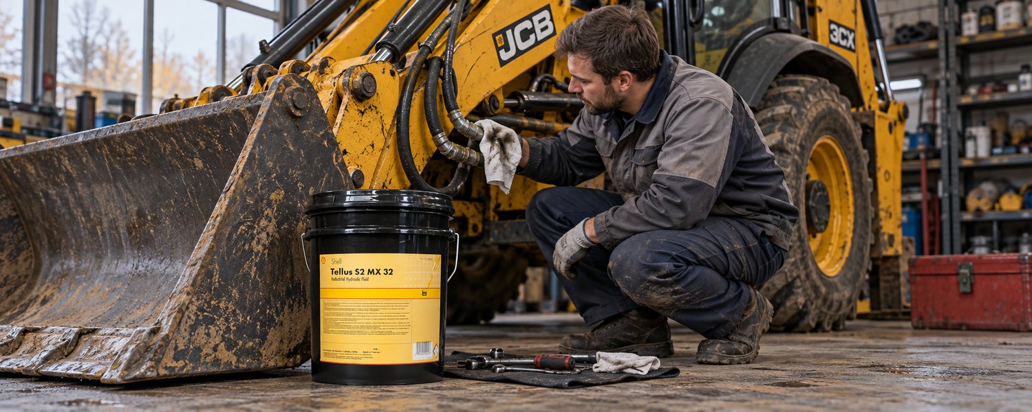 Специалист проверяет гидросистему экскаватора-погрузчика JCB и масло Shell Tellus S2 MX 32