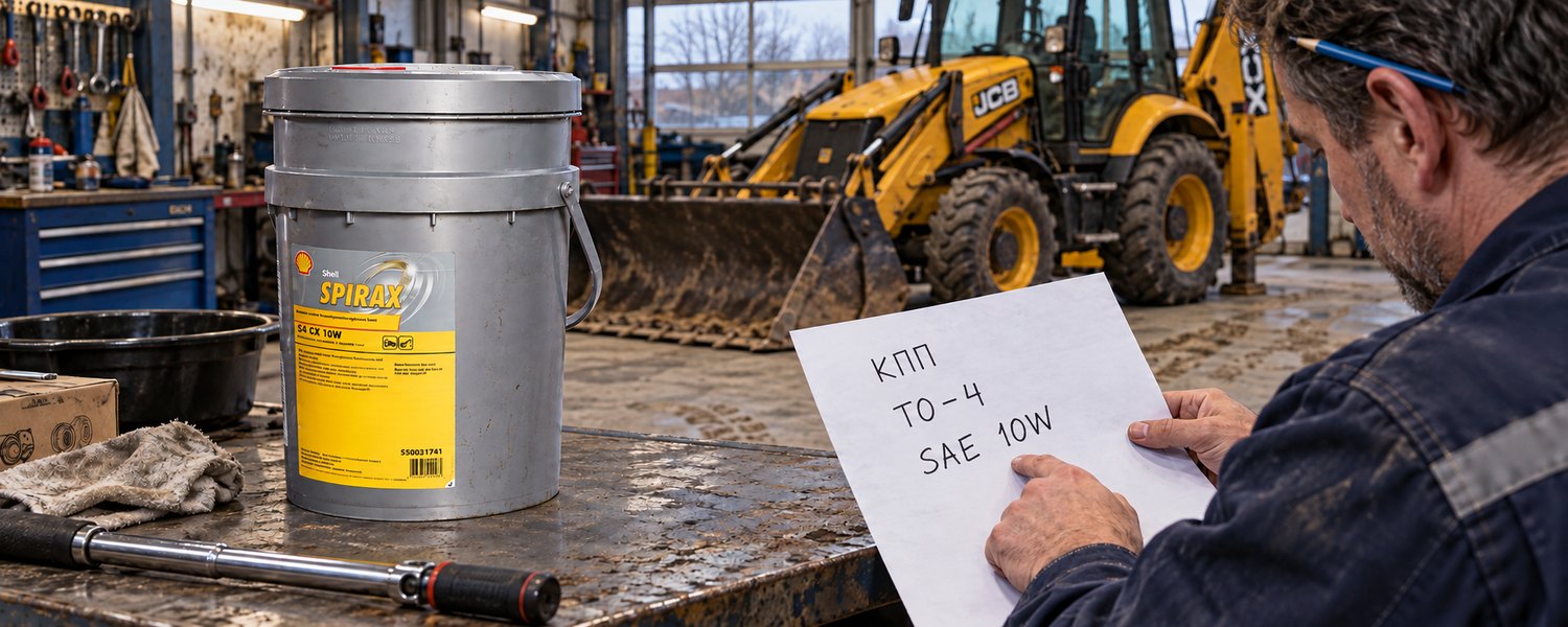 Механик подбирает масло Shell Spirax S4 CX 10W для коробки экскаватора-погрузчика JCB