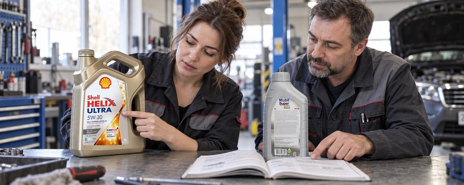 Механики сверяют документы рядом с Shell Helix Ultra ECT C3 5W-30 и Mobil Super 3000 XE 5W-30