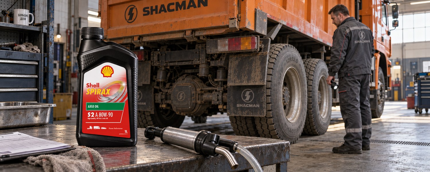 Механик обслуживает мосты Shacman рядом с маслом Shell Spirax S2 A 80W-90