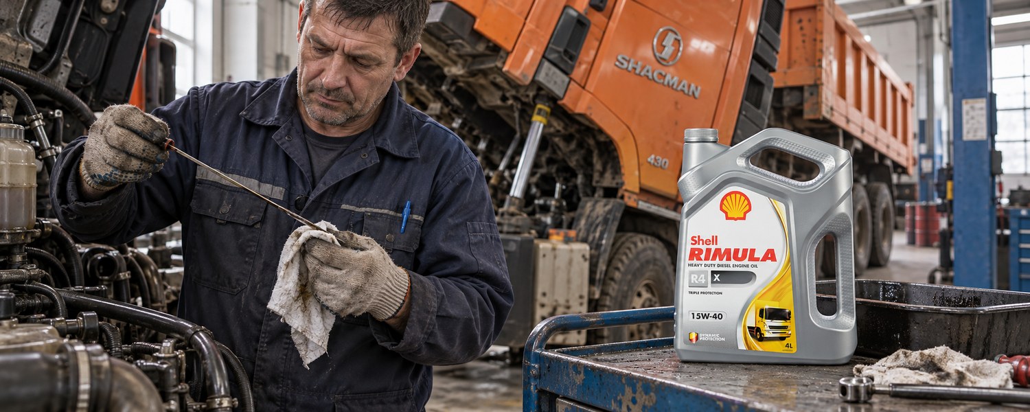 Механик проверяет уровень масла дизеля Shacman рядом с канистрой Shell Rimula R4 X 15W-40