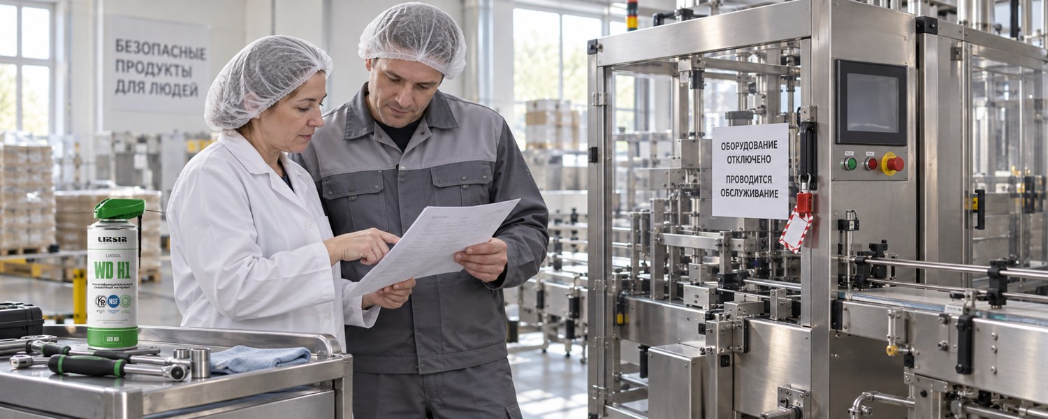 Специалисты обслуживают отключённое пищевое оборудование; LIKSOL WD H1 Spray стоит на отдельной тележке